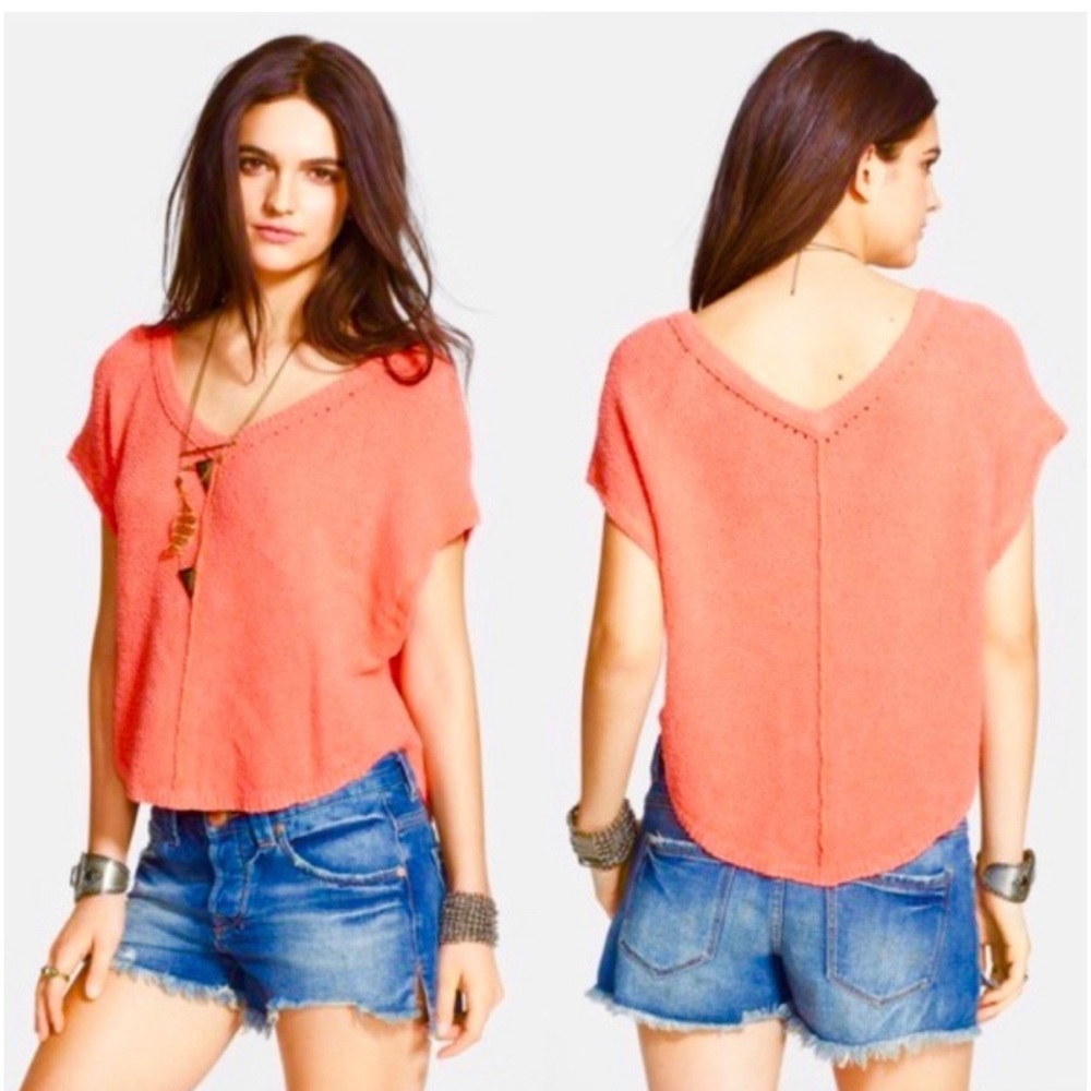 Free People Summer Romance Oversized Knit Sweater Coral Blush XS